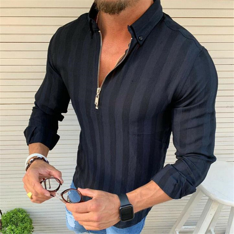 US Mens Stylish Casual Zipper Shirts Slim Fit Shirt Long Sleeve Muscle ...